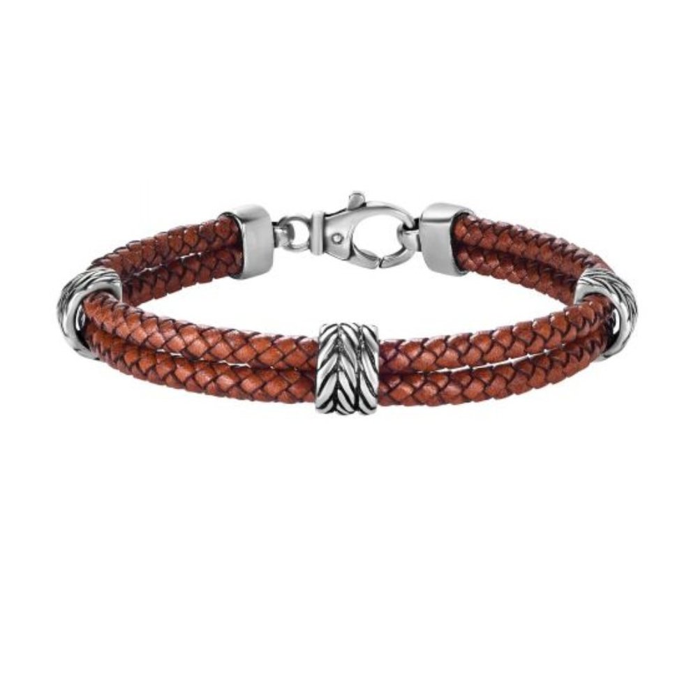 Sterling Silver 8.25" Woven Brown Leather Bracelet